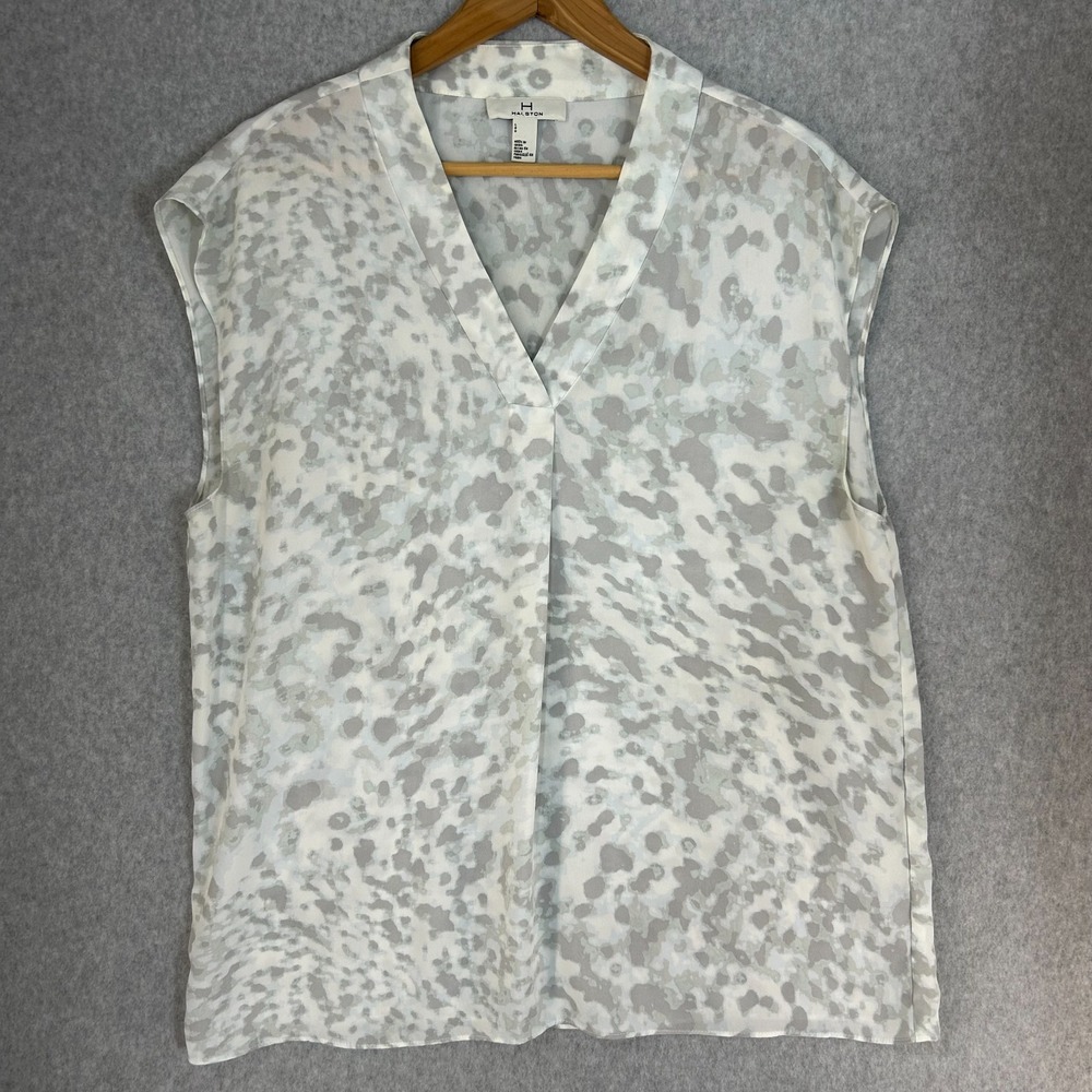 H By Halston Gray White Blouse V Neck Sleeveless Top Tank Professional Sz Large